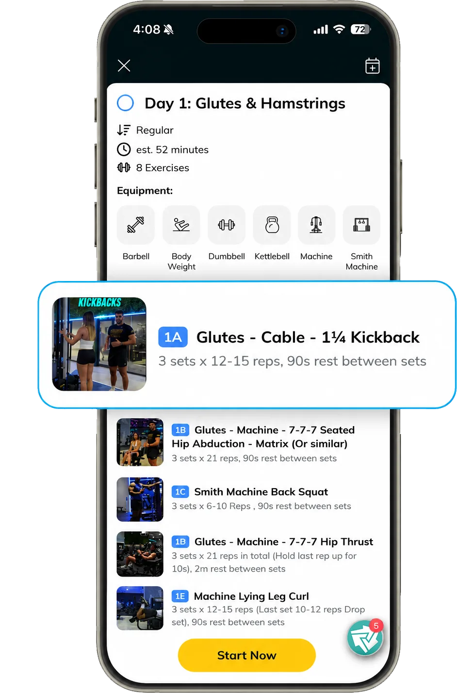 The ChasingBetter Plus app showing a personalised glutes and hamstrings workout with exercise videos, sets and reps