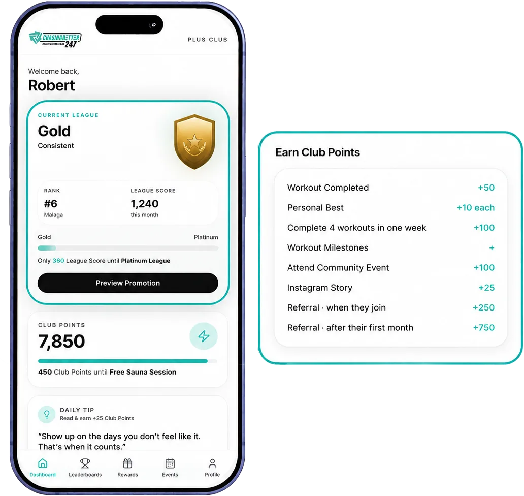 The ChasingBetter Plus app showing Club Points earning opportunities, including workout completed, personal best, community events, referrals and masterclasses