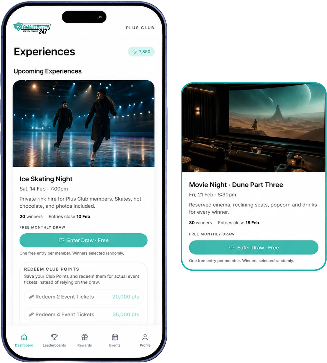 The ChasingBetter Plus app showing exclusive member experiences, including Ice Skating Night and Movie Night draws that can be entered or redeemed with Club Points
