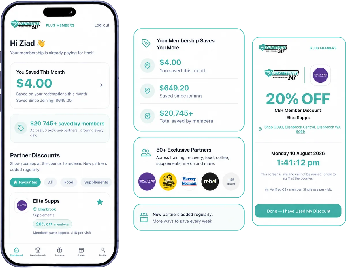 The ChasingBetter Plus app showing member savings, partner discounts and exclusive perks